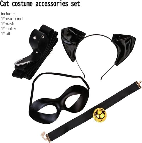 Black Cat Costume Accessories Set, Faux Eye Mask, Choker with Bell, Ear Headband, Tail, Halloween Cosplay Party Dress Up Kit in Kuwait