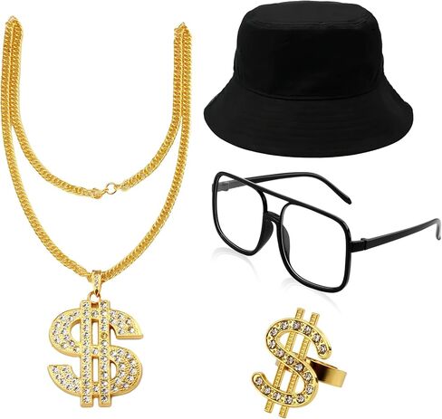 90s Accessories Outfit for Women/Men 80s Hip Hop Costume Kit Old School Rapper DJ Hat Sunglasses Dollar Sign Ring Gold Rope Chain Necklace Jewelry Set for Fancy Dress Cosplay Party Decorations in Kuwait