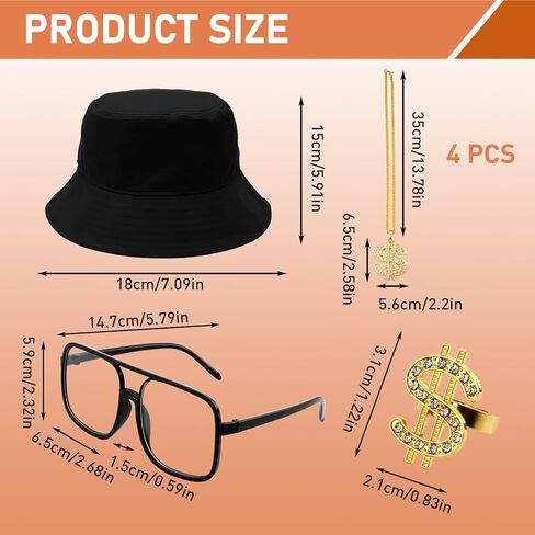 90s Accessories Outfit for Women/Men 80s Hip Hop Costume Kit Old School Rapper DJ Hat Sunglasses Dollar Sign Ring Gold Rope Chain Necklace Jewelry Set for Fancy Dress Cosplay Party Decorations in Kuwait