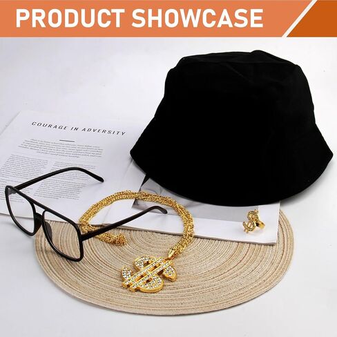 90s Accessories Outfit for Women/Men 80s Hip Hop Costume Kit Old School Rapper DJ Hat Sunglasses Dollar Sign Ring Gold Rope Chain Necklace Jewelry Set for Fancy Dress Cosplay Party Decorations in Kuwait