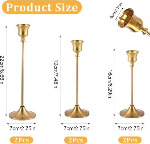 Candlestick Holders, 6Pcs Metal Taper Candle Holders, Heavy Brass Gold Candle Stick Holders Set for Table Centerpiece Mantel Party Wedding Christmas Home Decor in Kuwait