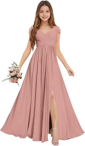 Chiffon Junior Bridesmaid Dresses Long Flower Girl Dresses V Neck Off Shoulder Girls Formal Evening Dress in Kuwait