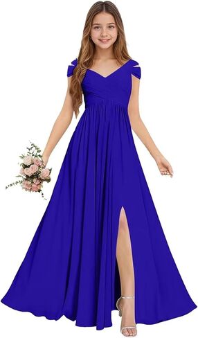 Chiffon Junior Bridesmaid Dresses Long Flower Girl Dresses V Neck Off Shoulder Girls Formal Evening Dress in Saudi Arabia