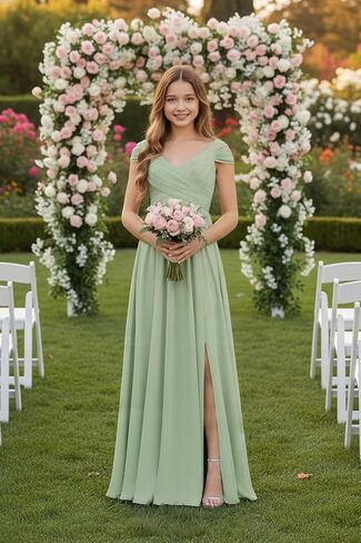 Chiffon Junior Bridesmaid Dresses Long Flower Girl Dresses V Neck Off Shoulder Girls Formal Evening Dress in Saudi Arabia