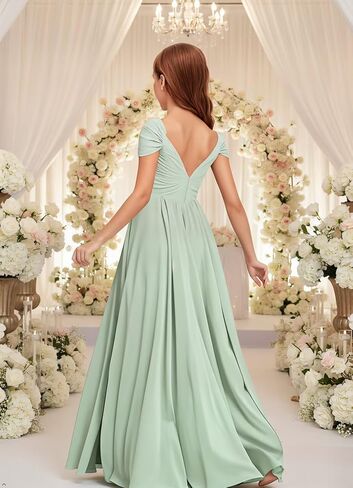 Chiffon Junior Bridesmaid Dresses Long Flower Girl Dresses V Neck Off Shoulder Girls Formal Evening Dress in Saudi Arabia