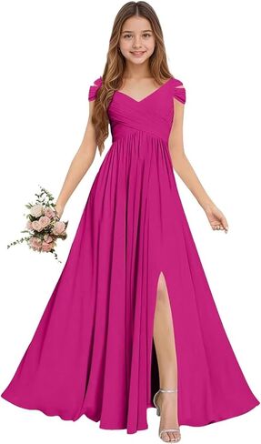 Chiffon Junior Bridesmaid Dresses Long Flower Girl Dresses V Neck Off Shoulder Girls Formal Evening Dress in Saudi Arabia