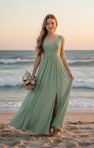 Chiffon Junior Bridesmaid Dresses Long Flower Girl Dresses V Neck Off Shoulder Girls Formal Evening Dress in Saudi Arabia