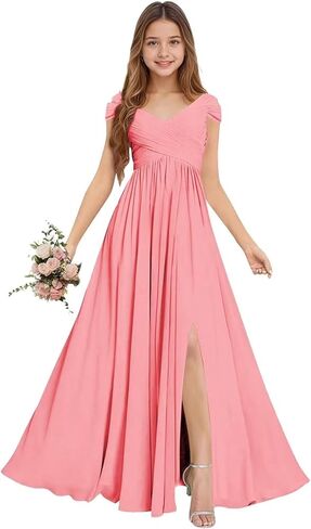 Chiffon Junior Bridesmaid Dresses Long Flower Girl Dresses V Neck Off Shoulder Girls Formal Evening Dress in Saudi Arabia