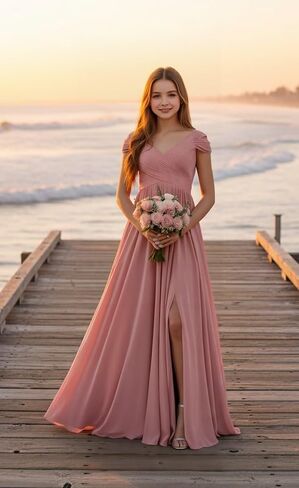 Chiffon Junior Bridesmaid Dresses Long Flower Girl Dresses V Neck Off Shoulder Girls Formal Evening Dress in Saudi Arabia