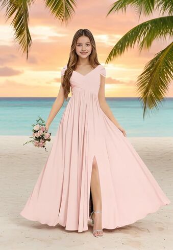 Chiffon Junior Bridesmaid Dresses Long Flower Girl Dresses V Neck Off Shoulder Girls Formal Evening Dress in Saudi Arabia