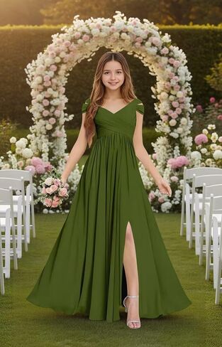 Chiffon Junior Bridesmaid Dresses Long Flower Girl Dresses V Neck Off Shoulder Girls Formal Evening Dress in Saudi Arabia