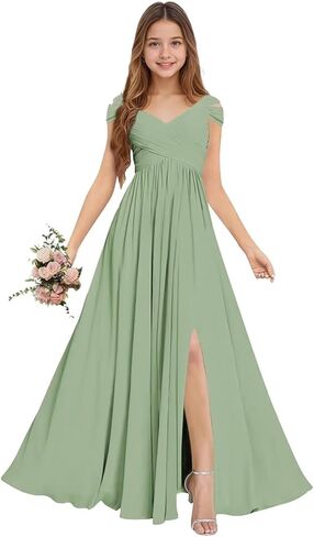 Chiffon Junior Bridesmaid Dresses Long Flower Girl Dresses V Neck Off Shoulder Girls Formal Evening Dress in Saudi Arabia