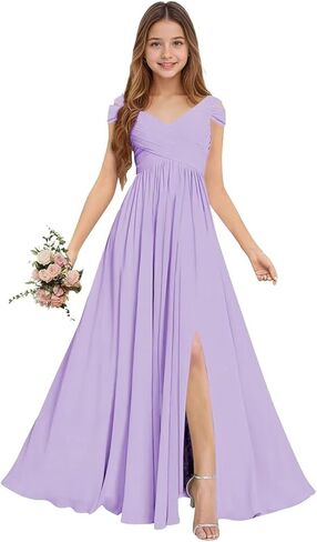 Chiffon Junior Bridesmaid Dresses Long Flower Girl Dresses V Neck Off Shoulder Girls Formal Evening Dress in Saudi Arabia