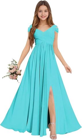 Chiffon Junior Bridesmaid Dresses Long Flower Girl Dresses V Neck Off Shoulder Girls Formal Evening Dress in Saudi Arabia