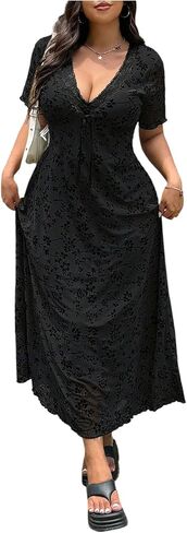 Women's Plus Size Vintage Floral Maxi Mesh Dress Y2k Bow Tie Front V Neck Short Sleeve A Line Long Dresses in Saudi Arabia