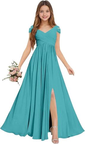 Chiffon Junior Bridesmaid Dresses Long Flower Girl Dresses V Neck Off Shoulder Girls Formal Evening Dress in Saudi Arabia