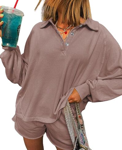 SELINK Womens 2 Piece Outfits Long Sleeve Casual Button Lapel Loose Tee and Short Lounge Sets Fall Sweatsuit in Kuwait