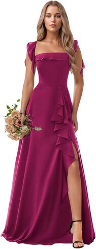 فساتين وصيفة الشرف طويلة فساتين رسمية مكشكشة لضيف حفل الزفاف فساتين سهرة شيفون برقبة مربعة مع فتحة in Kuwait