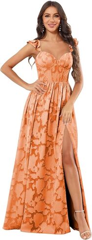 Long Chiffon Bridesmaid Dresses Floral Ruffle Spaghetti Strap Corset Formal Evening Gown with Slit in Kuwait
