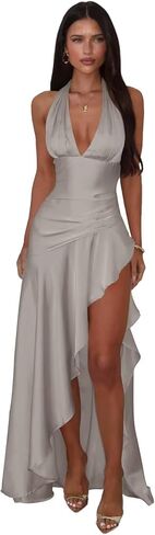 فساتين حفلة موسيقية من الساتان من Sevintage للنساء فساتين سهرة رسمية طويلة ومنخفضة مع فتحة in Kuwait