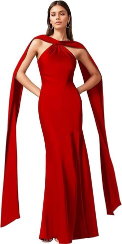 فستان وصيفة العروس بحورية البحر من الساتان من WIOJEIGO للنساء طويل 2026 برقبة رسن وفتحة جانبية وأربطة فساتين ضيوف الزفاف مع وشاح in Kuwait