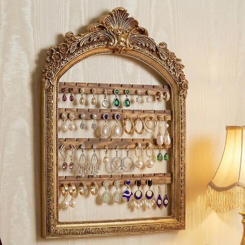 1 قطعة 13 × 9.3 بوصة منظمو مجوهرات القرط المعلقة إطار ذهبي مقوس 4 طبقات حامل مجوهرات مثبت على الحائط ديكور ريترو باروكي عرض أقراط للنساء هدية in Kuwait