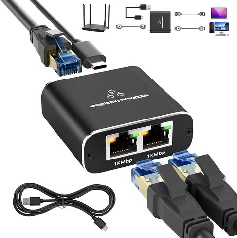 Upgrade USB-C Gigabit Ethernet Splitter 1 in to 2 Out Adapter, RJ45 in and USB-C Out, Network LAN Splitter with 6FT USB Power Cable, 1000M High Speed, Supports USB Cables in Kuwait