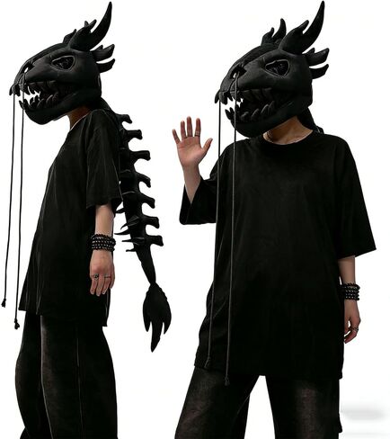 Wearable Plush Dragon Costume,3D Dinosaur Skeleton Costume Adults,Black Dragon Skeleton Spine Extension Outfit in Saudi Arabia