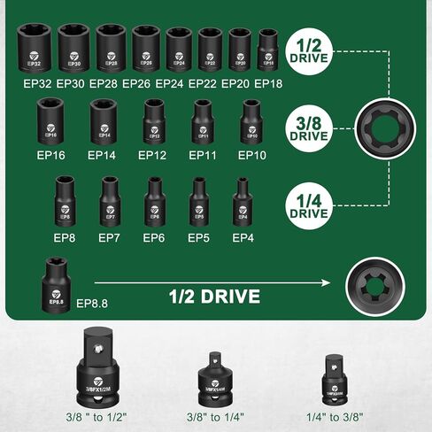 External Torx Plus Socket Set, 22PCS 6-Point EP Socket Set EP4-EP32 with 1/2'', 3/8'', 1/4'' Drive, 5-Point EP8.8 for EV Battery Removal, Cr-V Steel in Kuwait