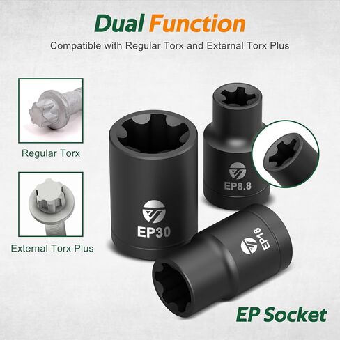 External Torx Plus Socket Set, 22PCS 6-Point EP Socket Set EP4-EP32 with 1/2'', 3/8'', 1/4'' Drive, 5-Point EP8.8 for EV Battery Removal, Cr-V Steel in Kuwait