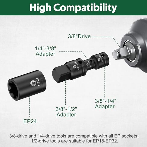 External Torx Plus Socket Set, 22PCS 6-Point EP Socket Set EP4-EP32 with 1/2'', 3/8'', 1/4'' Drive, 5-Point EP8.8 for EV Battery Removal, Cr-V Steel in Kuwait