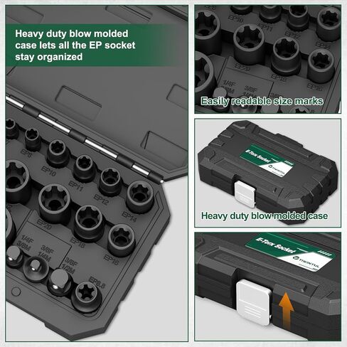 External Torx Plus Socket Set, 22PCS 6-Point EP Socket Set EP4-EP32 with 1/2'', 3/8'', 1/4'' Drive, 5-Point EP8.8 for EV Battery Removal, Cr-V Steel in Kuwait