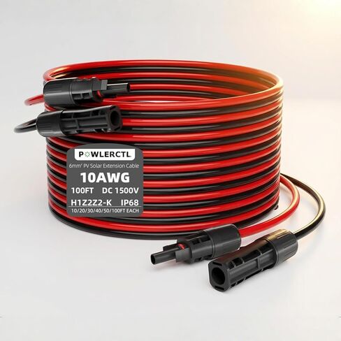Solar Panel Extension Cable 10 AWG 30Ft 6mm² Wire Gauge Certified PV Cable,100% Tinned Copper Heavy Duty with Male and Female Waterproof mc4 Connectors,for RV, Home Boat Photovoltaic Systems in Kuwait