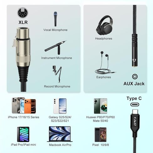 J&D USB C to XLR Female Microphone Cable with 3.5mm Female Headphone Jack Headphone Monitoring XLR to USB-C Digital Interface with Headphone Jack, 3.3 Feet in Saudi Arabia