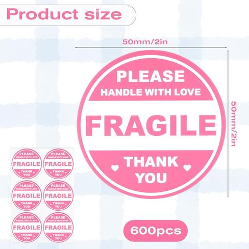 600pcs Fragile Stickers for Shipping Moving Glass Labels Cute Fragile Sticker Handle with Love Warning Packing Label Adhesive Labels Thank You Shipping Moving Mailing Envelops Pink Round in Kuwait