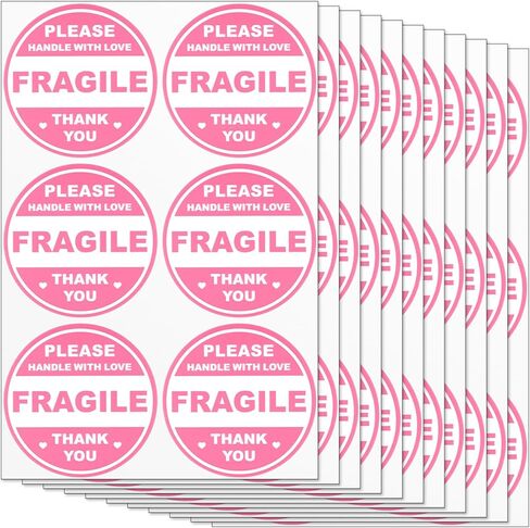600pcs Fragile Stickers for Shipping Moving Glass Labels Cute Fragile Sticker Handle with Love Warning Packing Label Adhesive Labels Thank You Shipping Moving Mailing Envelops Pink Round in Kuwait