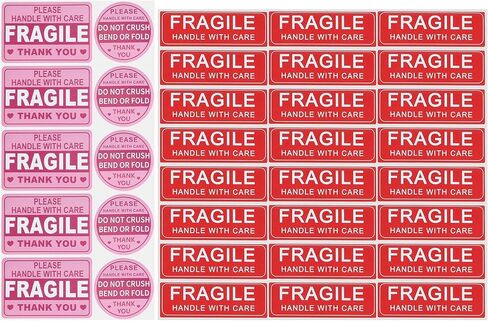270 قطعة من الملصقات الهشة - مستطيل 3x2 بوصة ومقبض دائري 2 بوصة مع ملصقات العناية، لا تسحق أو تطوي ملصقات الشحن لنقل الصناديق والأظرف البريدية والكرتون (وردي، أحمر) in Kuwait