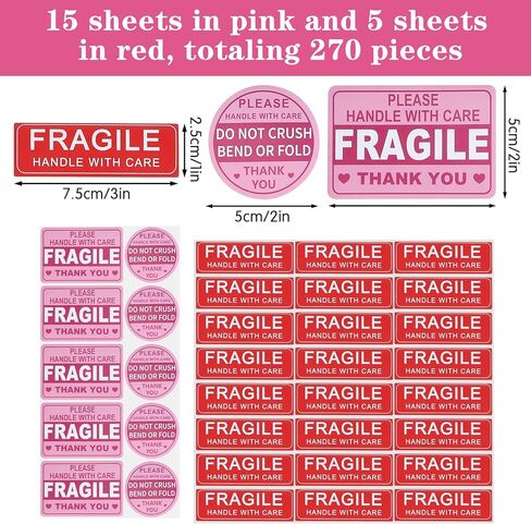 270 قطعة من الملصقات الهشة - مستطيل 3x2 بوصة ومقبض دائري 2 بوصة مع ملصقات العناية، لا تسحق أو تطوي ملصقات الشحن لنقل الصناديق والأظرف البريدية والكرتون (وردي، أحمر) in Kuwait
