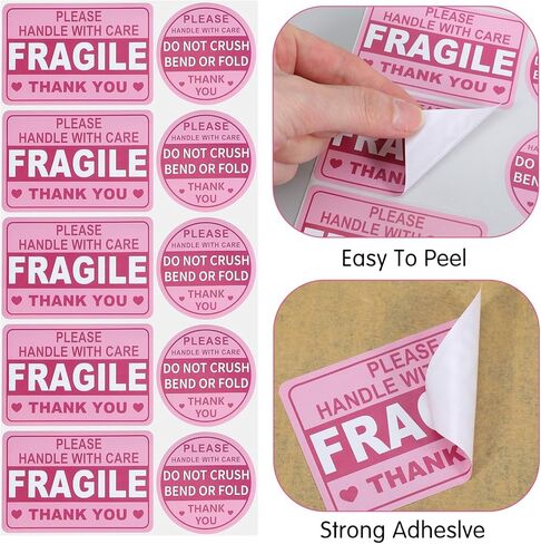 270 قطعة من الملصقات الهشة - مستطيل 3x2 بوصة ومقبض دائري 2 بوصة مع ملصقات العناية، لا تسحق أو تطوي ملصقات الشحن لنقل الصناديق والأظرف البريدية والكرتون (وردي، أحمر) in Kuwait