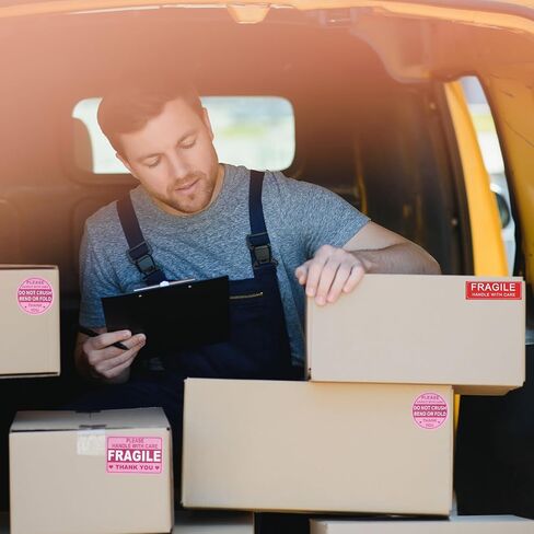 270 قطعة من الملصقات الهشة - مستطيل 3x2 بوصة ومقبض دائري 2 بوصة مع ملصقات العناية، لا تسحق أو تطوي ملصقات الشحن لنقل الصناديق والأظرف البريدية والكرتون (وردي، أحمر) in Kuwait