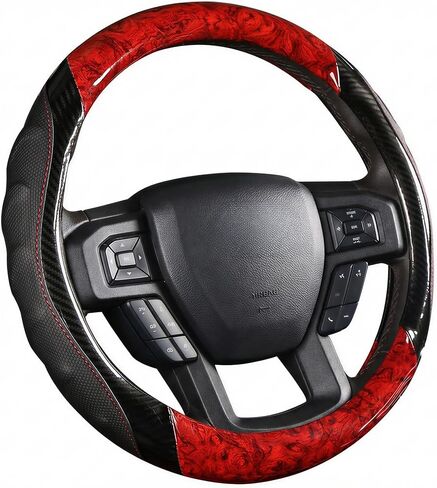 Large Truck Steering Wheel Cover 15.5-16 Inch for F150 F250 F350, Ram 1500 2500 & Tundra. Wood Grain Carbon Fiber Anti-Slip Grip. Heavy Duty Pickup Accessories, Breathable & Durable Protector (Red) in Saudi Arabia