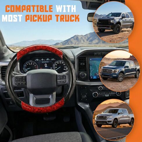 Large Truck Steering Wheel Cover 15.5-16 Inch for F150 F250 F350, Ram 1500 2500 & Tundra. Wood Grain Carbon Fiber Anti-Slip Grip. Heavy Duty Pickup Accessories, Breathable & Durable Protector (Red) in Saudi Arabia