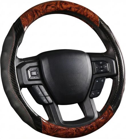 Large Truck Steering Wheel Cover 15.5-16 Inch for F150 F250 F350, Ram 1500 2500 & Tundra. Wood Grain Carbon Fiber Anti-Slip Grip. Heavy Duty Pickup Accessories, Breathable & Durable Protector (Red) in Saudi Arabia
