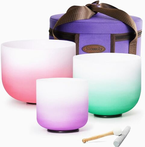 8 "B 10" F 12 "C مجموعة من 3 أوعية غناء بلون أحمر وأخضر وأرجواني فاتح وكريستال شاكرا كوارتز معالج للصوت مع حقيبة حمل للسفر وحلقة دائرية من جلد الغزال in Kuwait