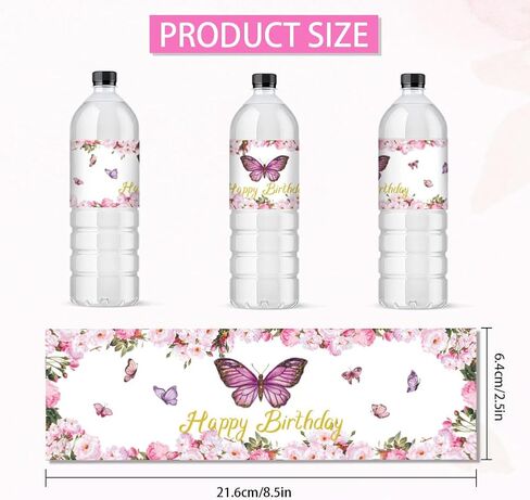30 Sheets Pink Butterfly Water Bottle Labels, Happy Birthday Flower Wraps Stickers for Water Bottle Personalized Drinking Water Bottle Labels for Birthday Party Decoration, 8.5x2.5Inches in Saudi Arabia