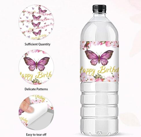 30 Sheets Pink Butterfly Water Bottle Labels, Happy Birthday Flower Wraps Stickers for Water Bottle Personalized Drinking Water Bottle Labels for Birthday Party Decoration, 8.5x2.5Inches in Saudi Arabia