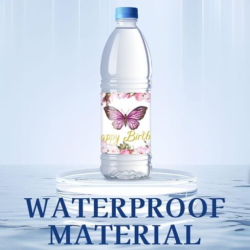 30 Sheets Pink Butterfly Water Bottle Labels, Happy Birthday Flower Wraps Stickers for Water Bottle Personalized Drinking Water Bottle Labels for Birthday Party Decoration, 8.5x2.5Inches in Saudi Arabia