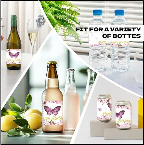30 Sheets Pink Butterfly Water Bottle Labels, Happy Birthday Flower Wraps Stickers for Water Bottle Personalized Drinking Water Bottle Labels for Birthday Party Decoration, 8.5x2.5Inches in Saudi Arabia