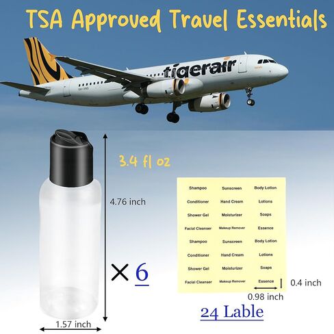 6 Pack Travel Bottles for Toiletries, 3.4oz Travel Shampoo Bottles Leak-Proof Tsa Approved Travel Size Bottle for Shampoo Conditioner and Body Wash, Clear Bottle Body in Kuwait