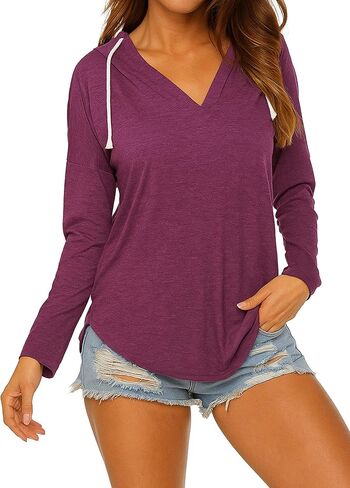 المرأة خفيفة الوزن هوديي الخامس الرقبة كم طويل عادية فضفاضة تناسب بلوزات البلوز القمم in Kuwait